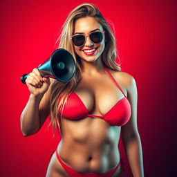 A sexy girl in a bikini with big breasts, confidently holding a black megaphone against a bold red background