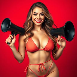 A sexy girl in a bikini with big breasts, confidently holding a black megaphone against a bold red background