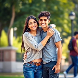 A scene depicting Mia Khalifa standing next to a young man, both smiling and sharing a warm hug
