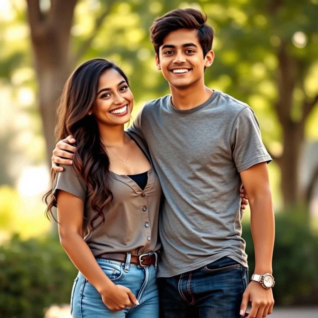 A scene depicting Mia Khalifa standing next to a young man, both smiling and sharing a warm hug
