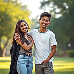 A scene depicting Mia Khalifa standing next to a young man, both smiling and sharing a warm hug