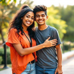 A scene depicting Mia Khalifa standing next to a young man, both smiling and sharing a warm hug
