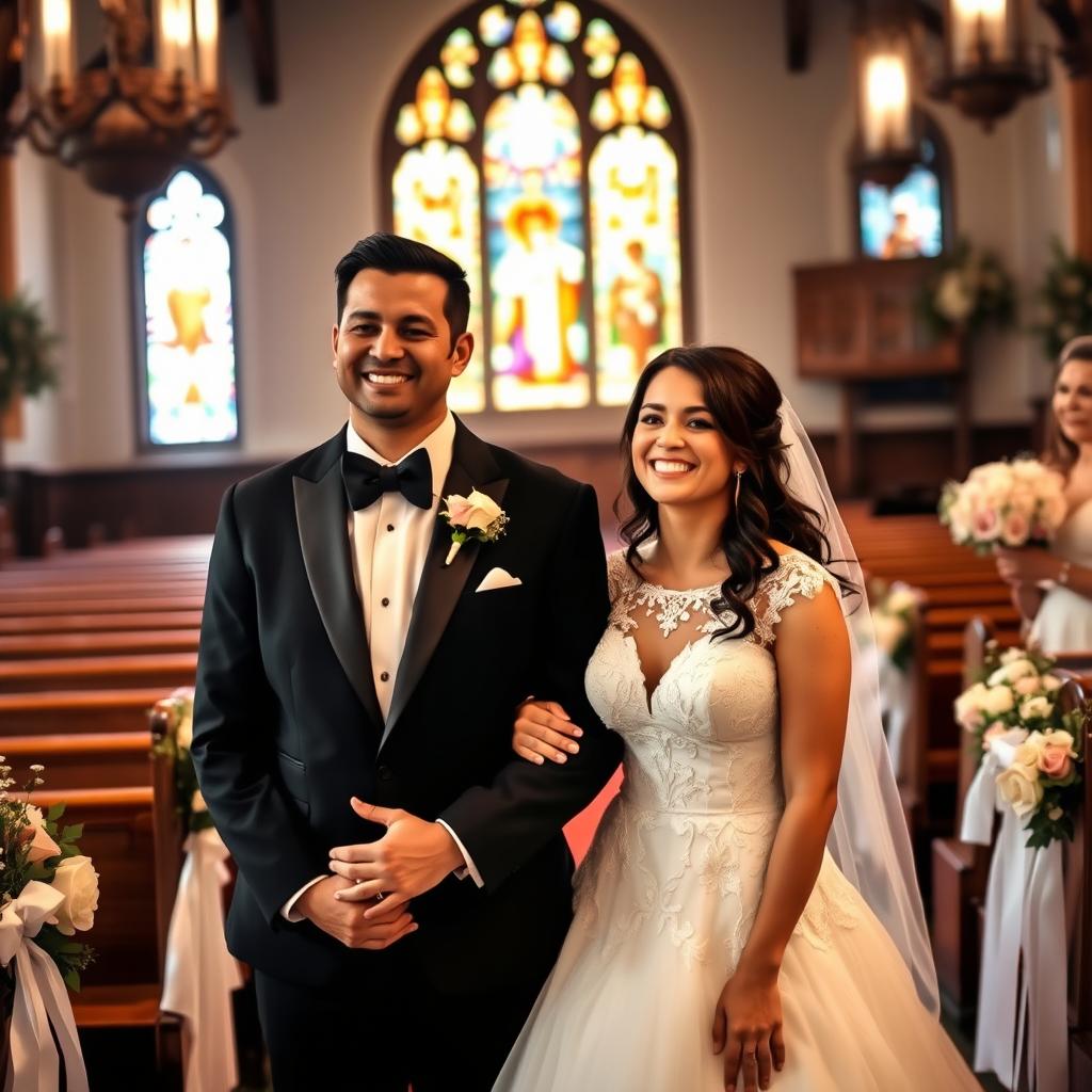 A joyful couple smiling radiantly in a beautifully decorated church, adorned with elegant floral arrangements