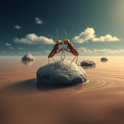 A captivating digital illustration of two insects positioned atop one another, standing prominently on a rock that floats on the surface of light brown water