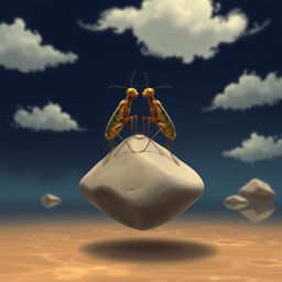 A captivating digital illustration of two insects positioned atop one another, standing prominently on a rock that floats on the surface of light brown water