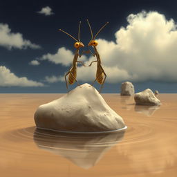 A captivating digital illustration of two insects positioned atop one another, standing prominently on a rock that floats on the surface of light brown water