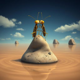 A captivating digital illustration of two insects positioned atop one another, standing prominently on a rock that floats on the surface of light brown water