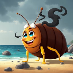 A vibrant digital illustration of a cheerful cartoon character with a big smile, standing on a sandy beach with a picturesque body of water in the background