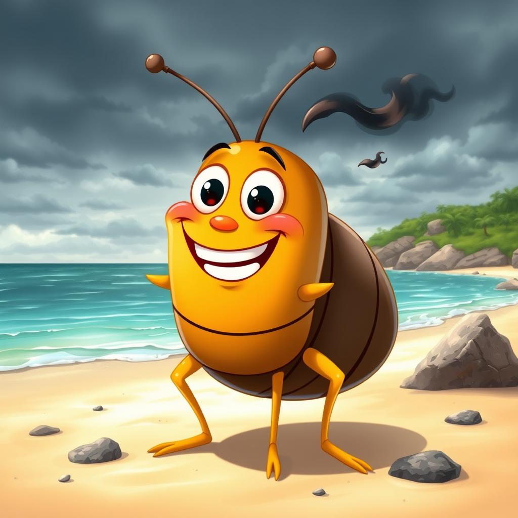 A vibrant digital illustration of a cheerful cartoon character with a big smile, standing on a sandy beach with a picturesque body of water in the background