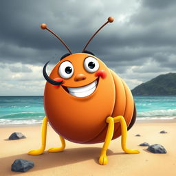 A vibrant digital illustration of a cheerful cartoon character with a big smile, standing on a sandy beach with a picturesque body of water in the background