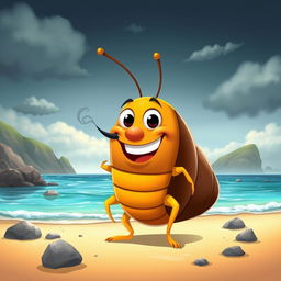 A vibrant digital illustration of a cheerful cartoon character with a big smile, standing on a sandy beach with a picturesque body of water in the background