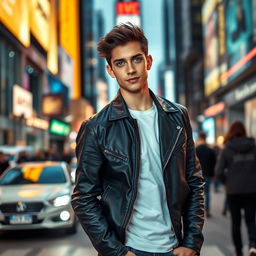 A stunning portrait of a young man named Jerwill standing confidently on a bustling urban street, surrounded by vibrant city lights and modern architecture