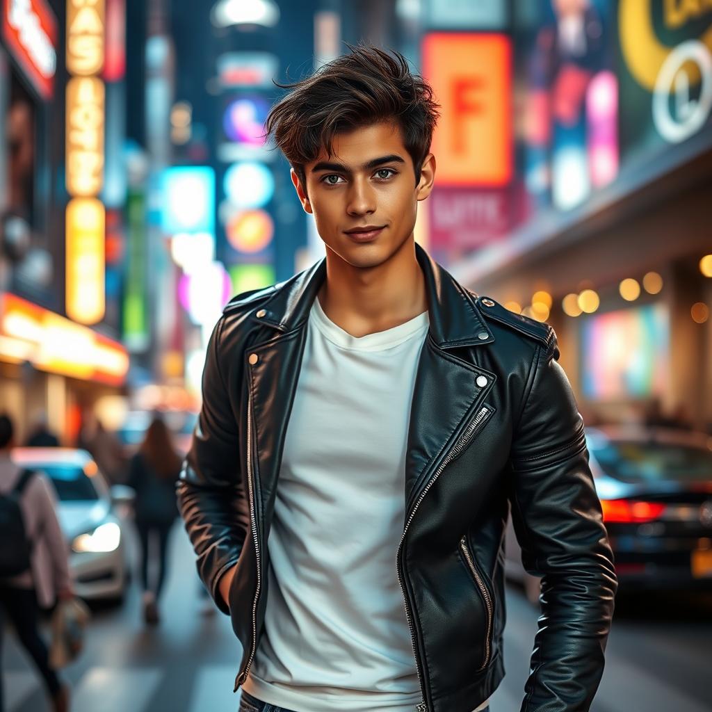A stunning portrait of a young man named Jerwill standing confidently on a bustling urban street, surrounded by vibrant city lights and modern architecture