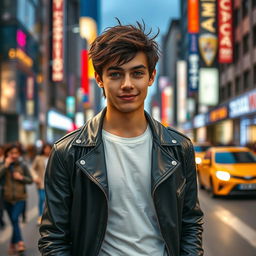A stunning portrait of a young man named Jerwill standing confidently on a bustling urban street, surrounded by vibrant city lights and modern architecture