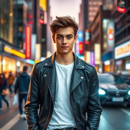 A stunning portrait of a young man named Jerwill standing confidently on a bustling urban street, surrounded by vibrant city lights and modern architecture