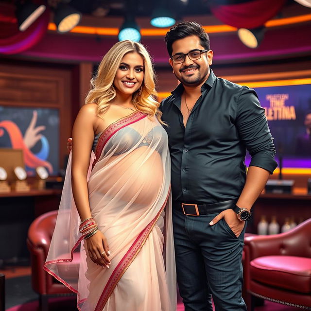 A blonde woman with a voluptuous figure wearing a stunning transparent saree that gracefully flows over her body, paired with a stylish bikini blouse that highlights her cleavage and showcases her pregnant baby bump