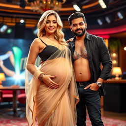 A blonde woman with a voluptuous figure wearing a stunning transparent saree that gracefully flows over her body, paired with a stylish bikini blouse that highlights her cleavage and showcases her pregnant baby bump