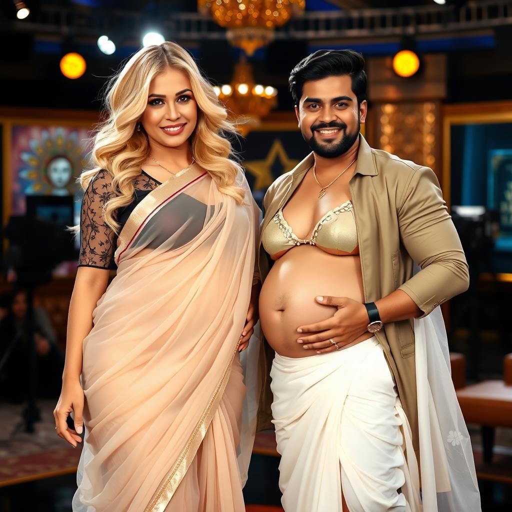 A blonde woman with a voluptuous figure wearing a stunning transparent saree that gracefully flows over her body, paired with a stylish bikini blouse that highlights her cleavage and showcases her pregnant baby bump