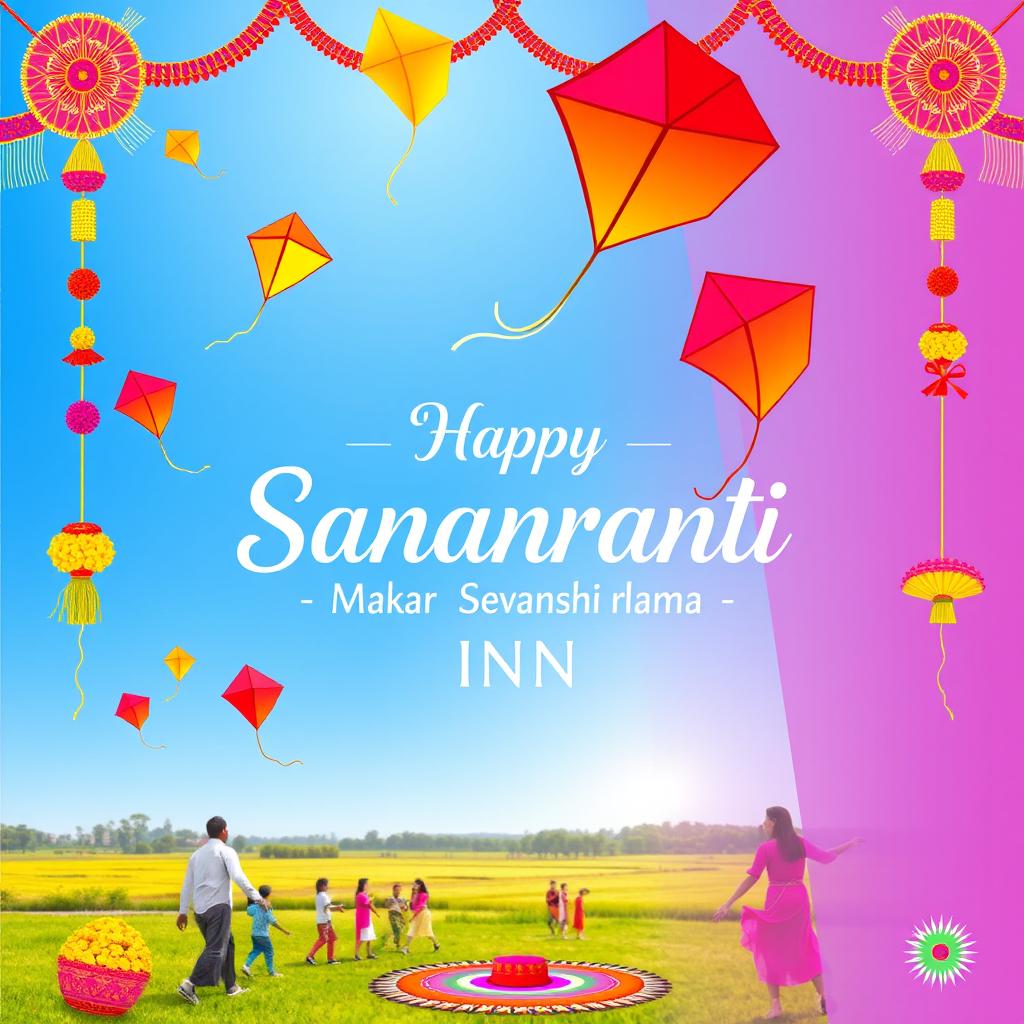 A vibrant and colorful poster celebrating Makar Sankranti, featuring traditional kites flying in a clear blue sky