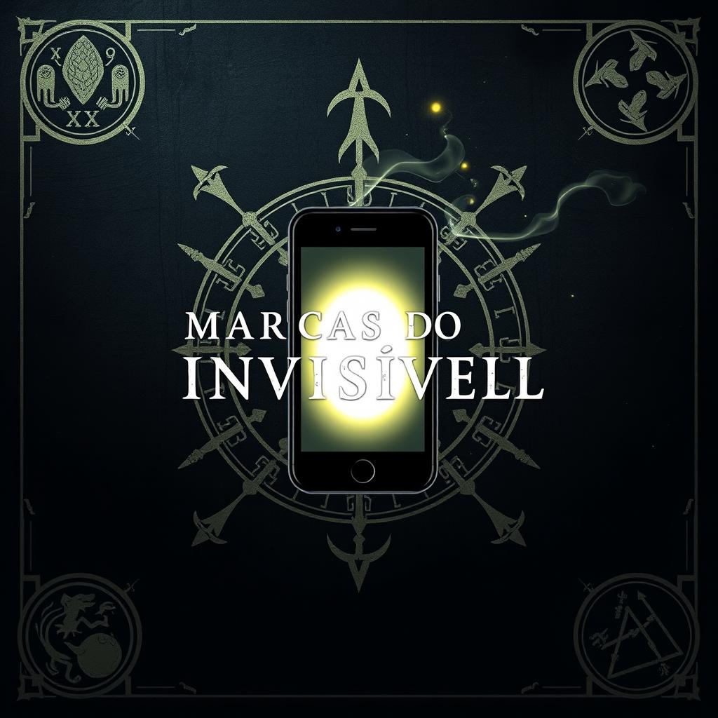 A striking RPG campaign cover for 'Marcas do Invisível', featuring a minimalist design that uses only symbols