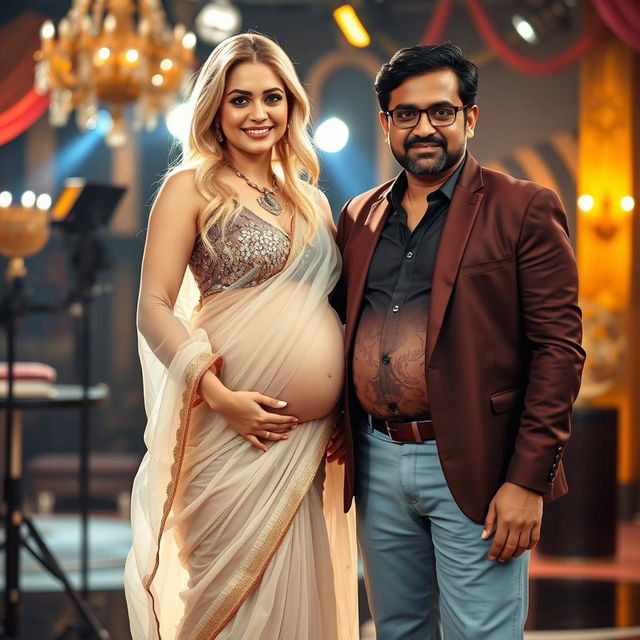 A blonde woman with a voluptuous figure dressed in a beautiful transparent saree that gracefully flows around her, paired with a stylish bikini blouse that highlights her cleavage and showcases her pregnant baby bump