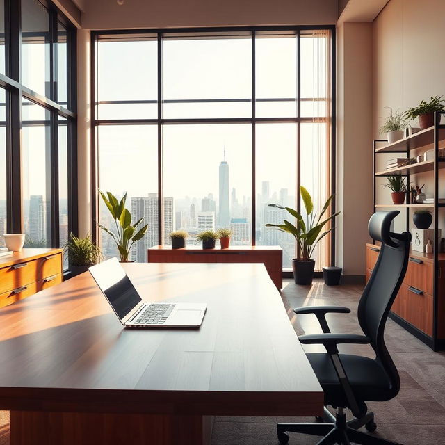 A sleek, modern office space featuring a large wooden table and an open laptop on it