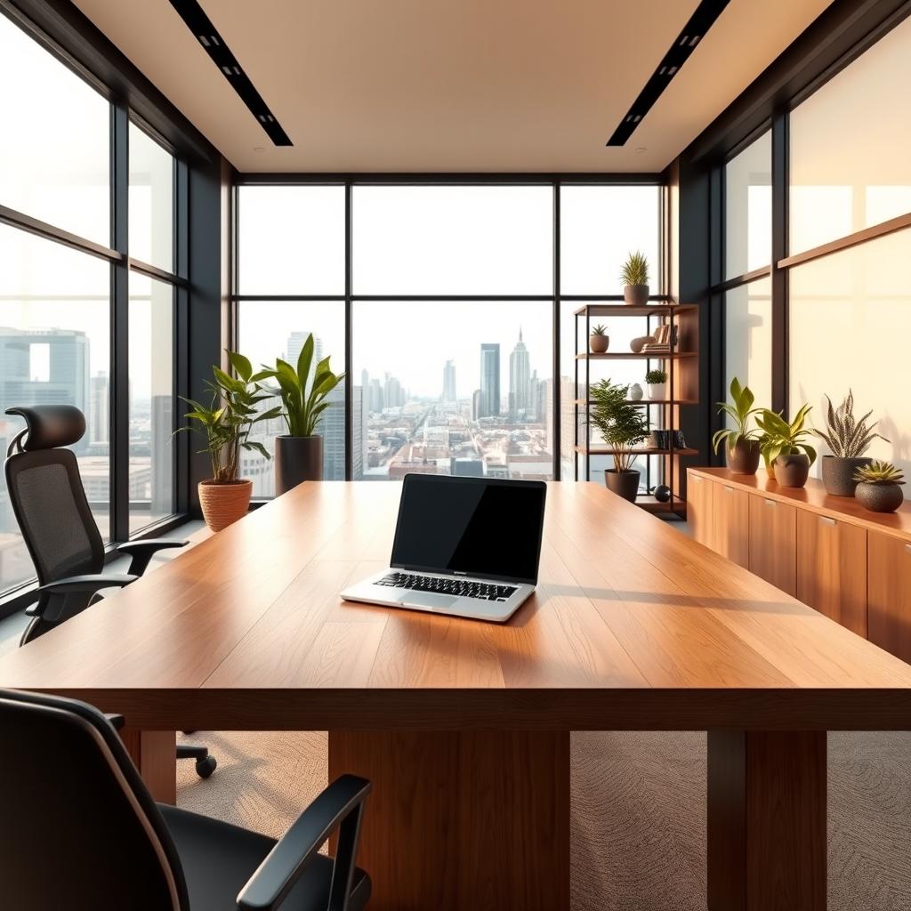 A sleek, modern office space featuring a large wooden table and an open laptop on it