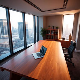 A sleek, modern office space featuring a large wooden table and an open laptop on it