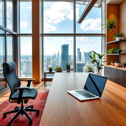 A sleek, modern office space featuring a large wooden table and an open laptop on it