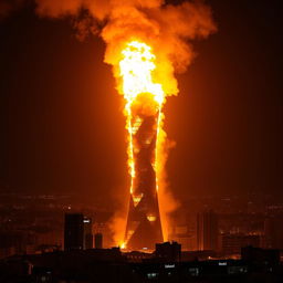 A dramatic and powerful image of the Milad Tower in Iran engulfed in flames, lighting up the night sky with vibrant orange and yellow hues