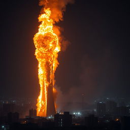 A dramatic and powerful image of the Milad Tower in Iran engulfed in flames, lighting up the night sky with vibrant orange and yellow hues