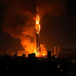 A dramatic and powerful image of the Milad Tower in Iran engulfed in flames, lighting up the night sky with vibrant orange and yellow hues