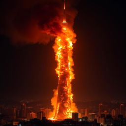 A dramatic and powerful image of the Milad Tower in Iran engulfed in flames, lighting up the night sky with vibrant orange and yellow hues