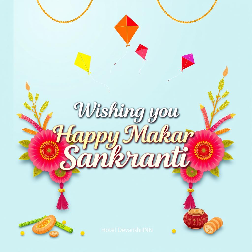 A cheerful and festive graphic wishing 'Happy Makar Sankranti' from Hotel Devanshi INN