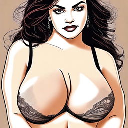 A digital art illustration of a voluptuous woman, tastefully posed with her arms crossed over her chest, wearing a stylish bra