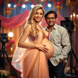 A blonde woman with an alluring figure wearing a sheer, transparent saree that beautifully drapes over her body, complemented by a stylish bikini blouse that emphasizes her cleavage and reveals her pregnant baby bump
