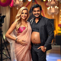 A blonde woman with an alluring figure wearing a sheer, transparent saree that beautifully drapes over her body, complemented by a stylish bikini blouse that emphasizes her cleavage and reveals her pregnant baby bump