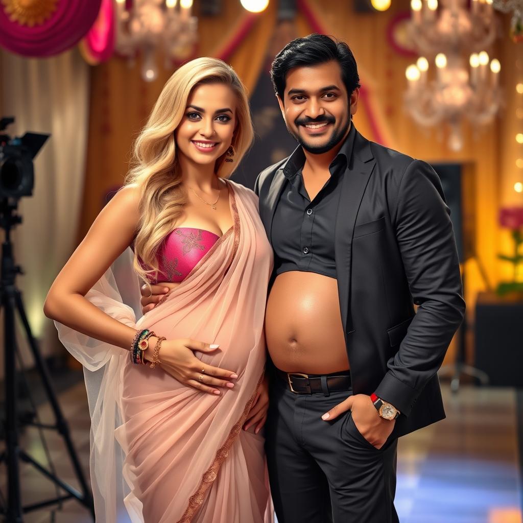 A blonde woman with an alluring figure wearing a sheer, transparent saree that beautifully drapes over her body, complemented by a stylish bikini blouse that emphasizes her cleavage and reveals her pregnant baby bump