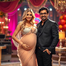 A blonde woman with an alluring figure wearing a sheer, transparent saree that beautifully drapes over her body, complemented by a stylish bikini blouse that emphasizes her cleavage and reveals her pregnant baby bump