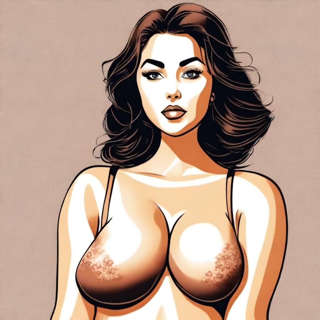 A digital art illustration of a voluptuous woman, tastefully posed with her arms crossed over her chest, wearing a stylish bra