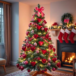 A creatively decorated Christmas tree infused with Valentine's Day elements