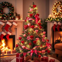 A creatively decorated Christmas tree infused with Valentine's Day elements