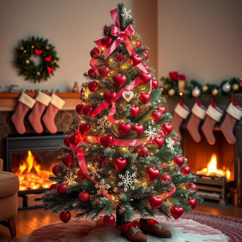 A creatively decorated Christmas tree infused with Valentine's Day elements