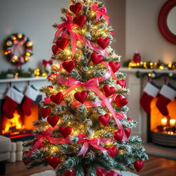 A creatively decorated Christmas tree infused with Valentine's Day elements