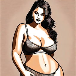 A digital art illustration of a voluptuous woman, tastefully posed with her arms crossed over her chest, wearing a stylish bra