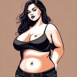 A digital art illustration of a voluptuous woman, tastefully posed with her arms crossed over her chest, wearing a stylish bra