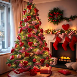 A whimsical Christmas tree adorned with Valentine's Day decorations