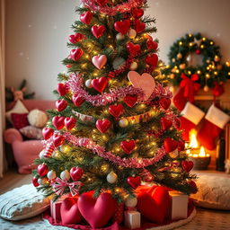 A whimsical Christmas tree adorned with Valentine's Day decorations