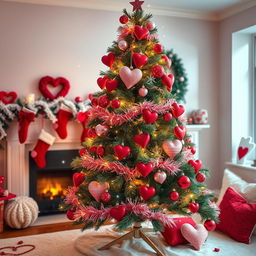 A whimsical Christmas tree adorned with Valentine's Day decorations