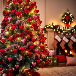 A whimsical Christmas tree adorned with Valentine's Day decorations